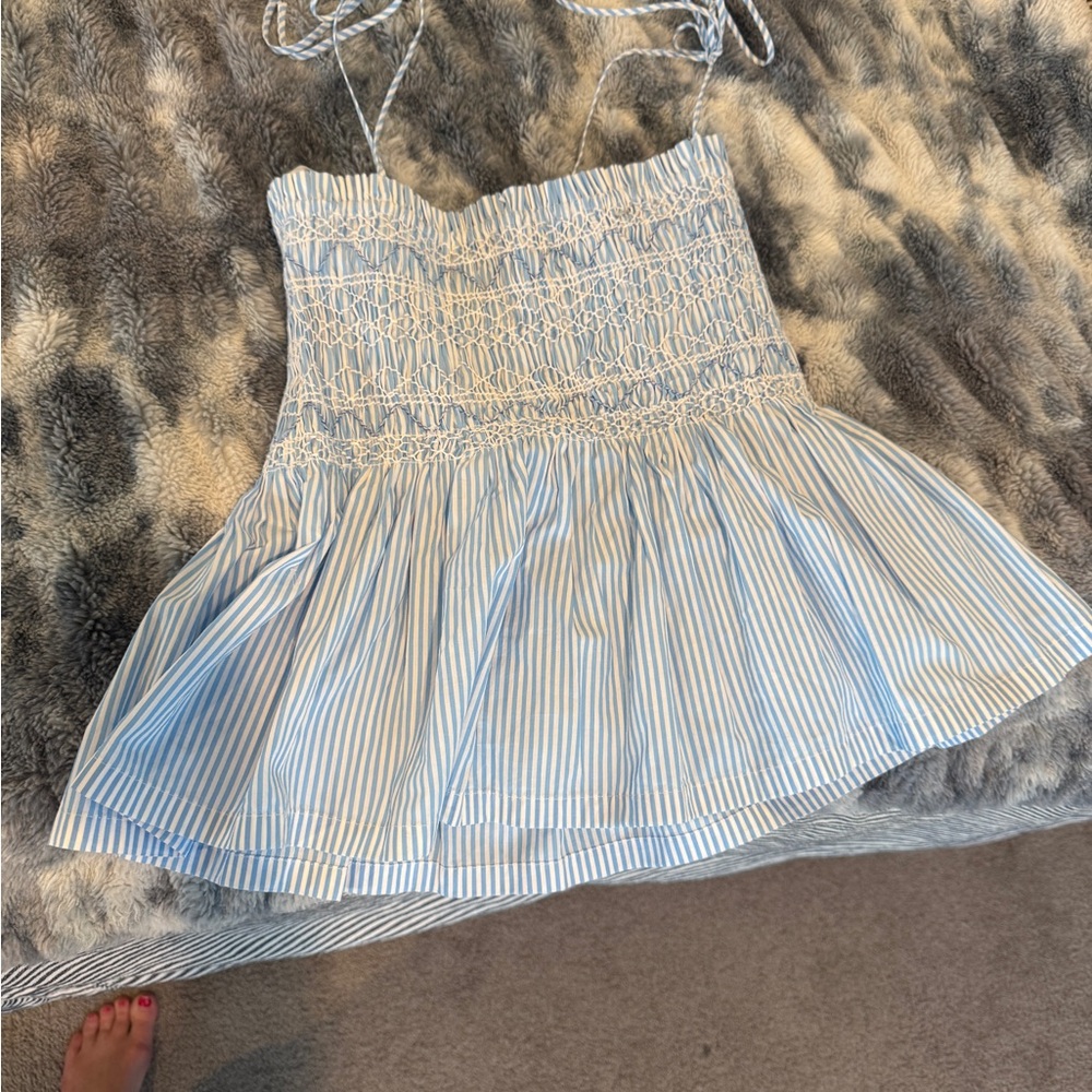 J. Crew Light Blue and White Smocked Striped Tank